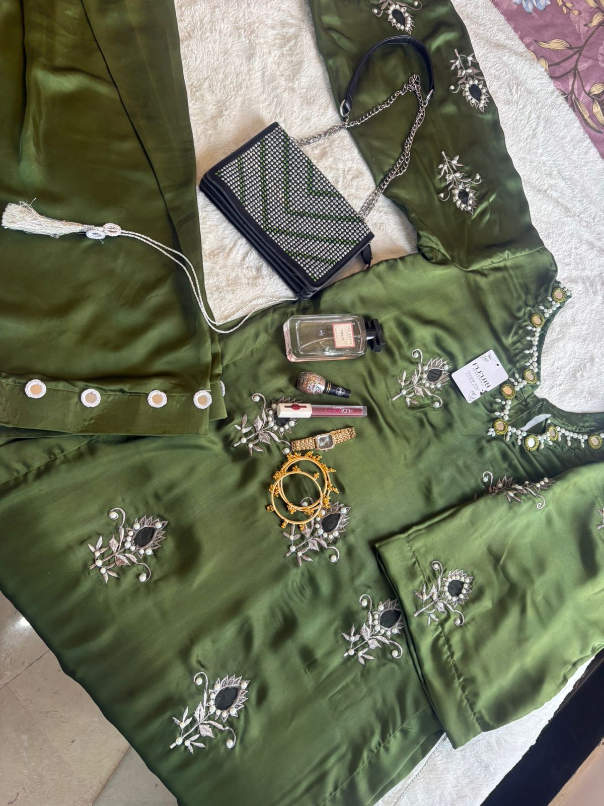 Hunter Olive Green Silk Embellished 3 Piece Formal Suit