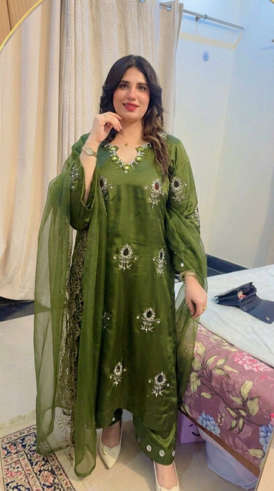 Hunter Olive Green Silk Embellished 3 Piece Formal Suit